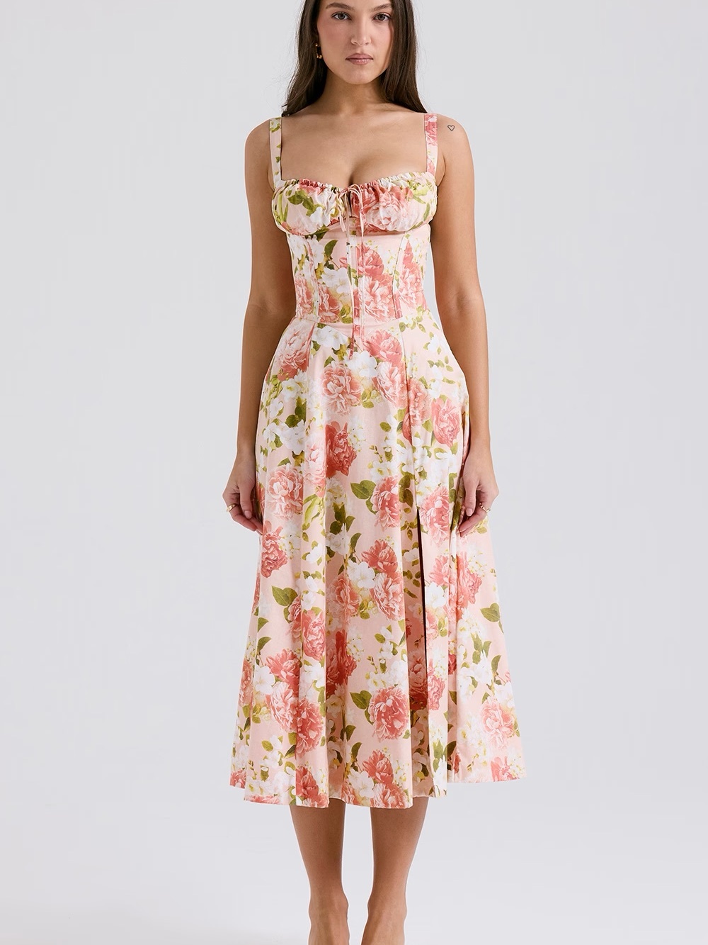 House of CB Pink Floral Midi Dress with Green Foliage